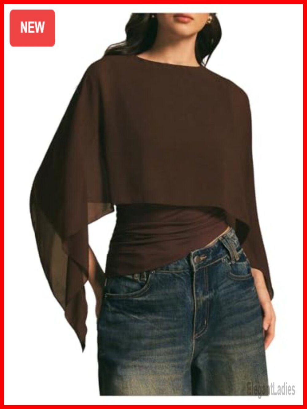 Women's Asymmetrical Chiffon Poncho Top Sheer Mesh Layered Blouse